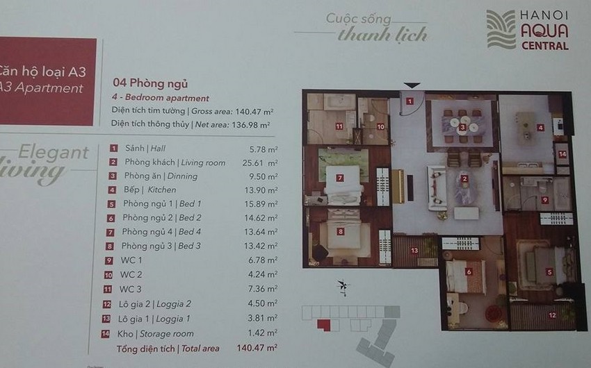 Sơ đồ mặt bằng căn hộ chung cư Hanoi Aqua Central 44 Yên Phụ